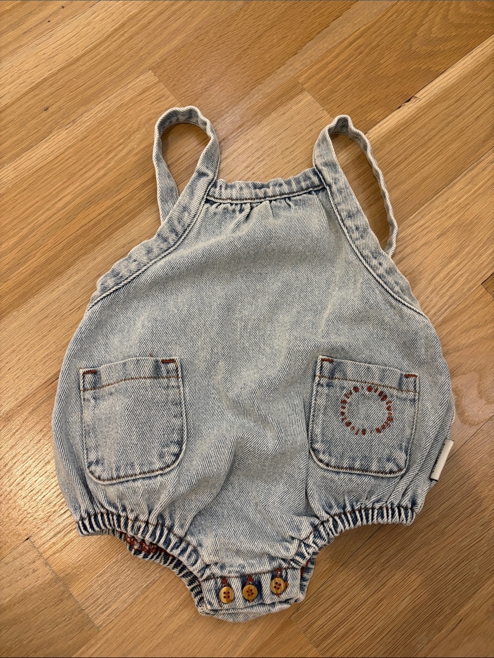 Piupiuchick Light Wash Denim Baby Bubble Romper with Front Pockets